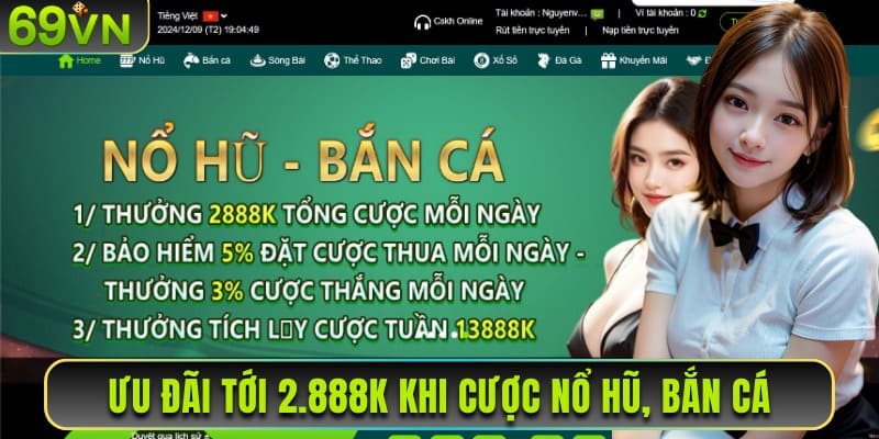 Ưu đãi tới 2.888K khi cược nổ hũ, bắn cá